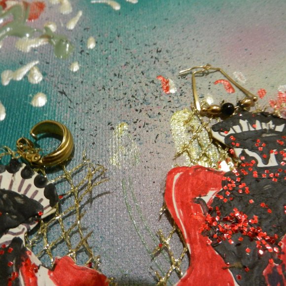 VTG Handmade paper crafted earrings black red gold mesh glitter clip or pierce - Picture 4 of 5